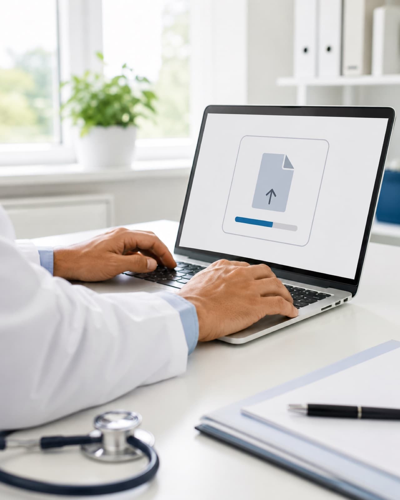 Médico subiendo el expediente de un caso desde su laptop