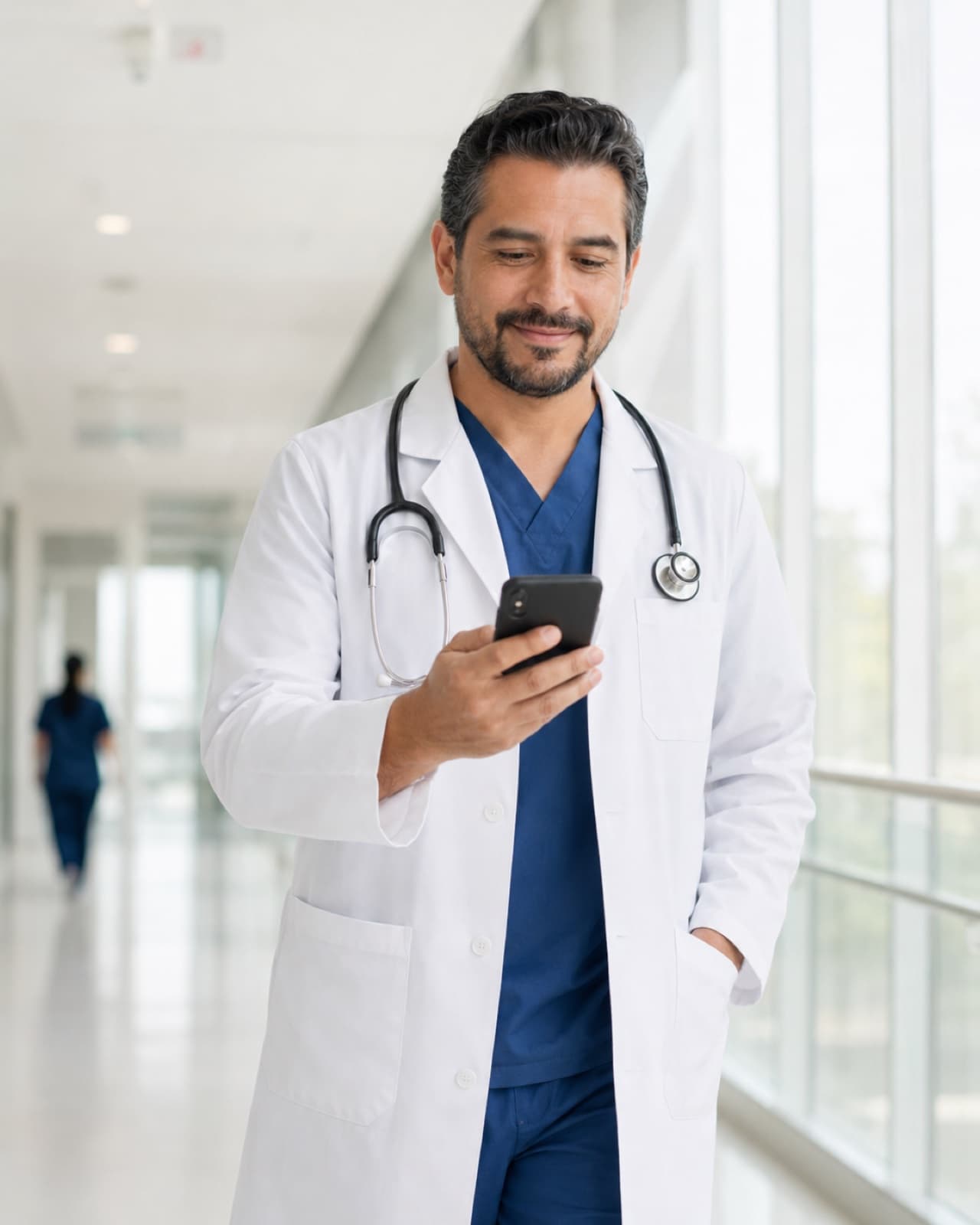 Médico revisando en su celular el depósito recibido