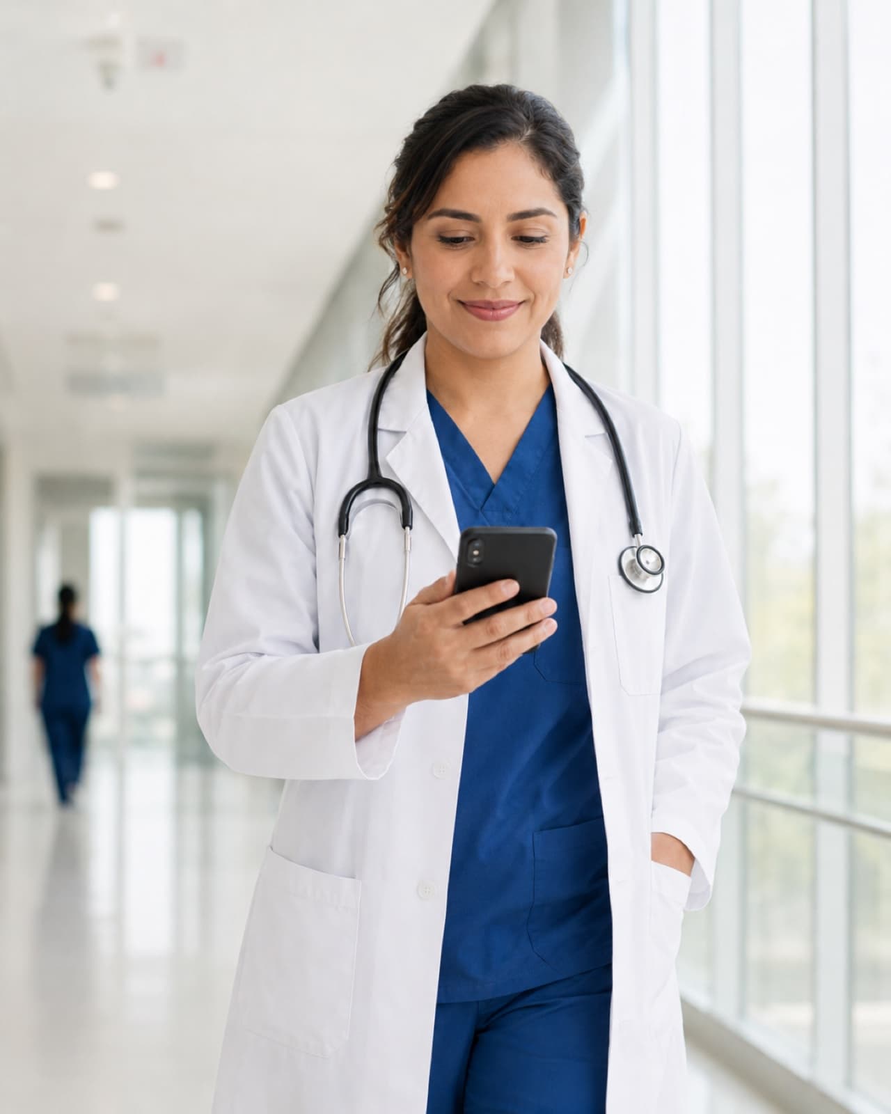 Médica revisando en su celular el adelanto de sus facturas